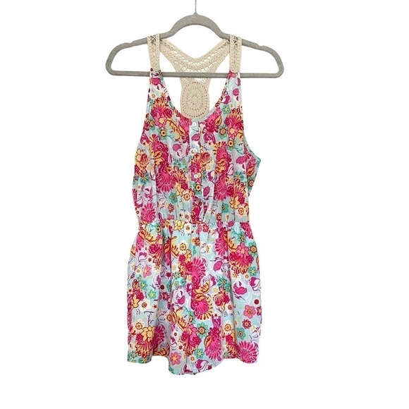 Altar’d State Floral Crochet Shorts Romper Lined Med Summer Tropical One Piece - Picture 1 of 5